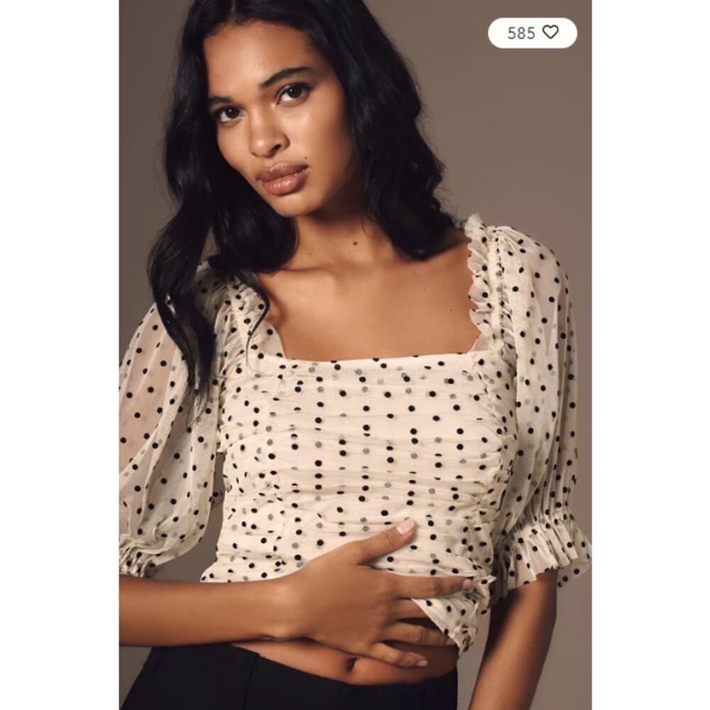 Anthropologie Cream Polka Dot Square-Neck Puff Sleeve Top